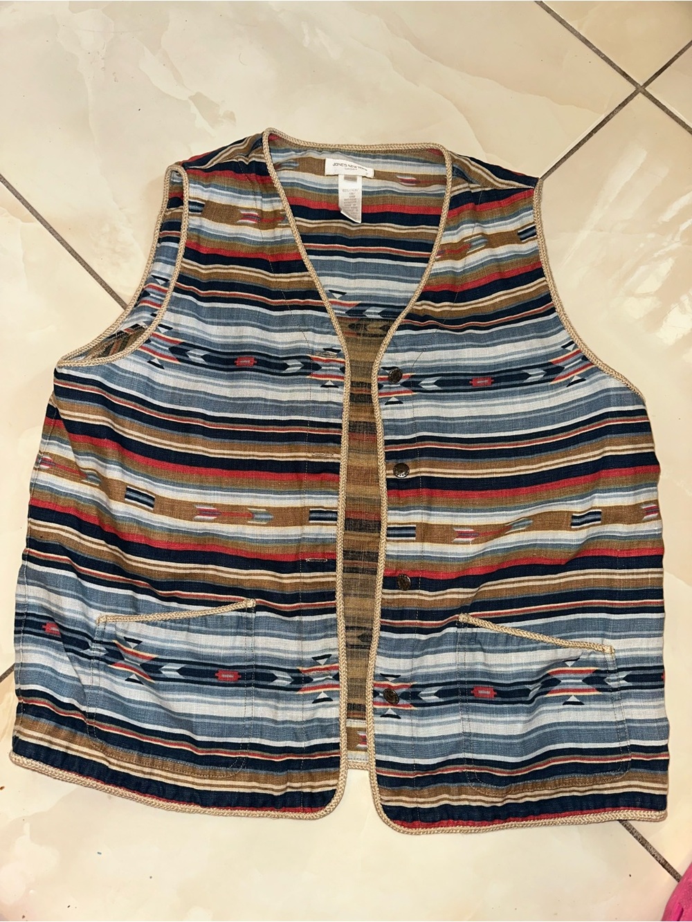 Jones New York Striped Multicolor Southwestern Vest - Blue, Brown, Red